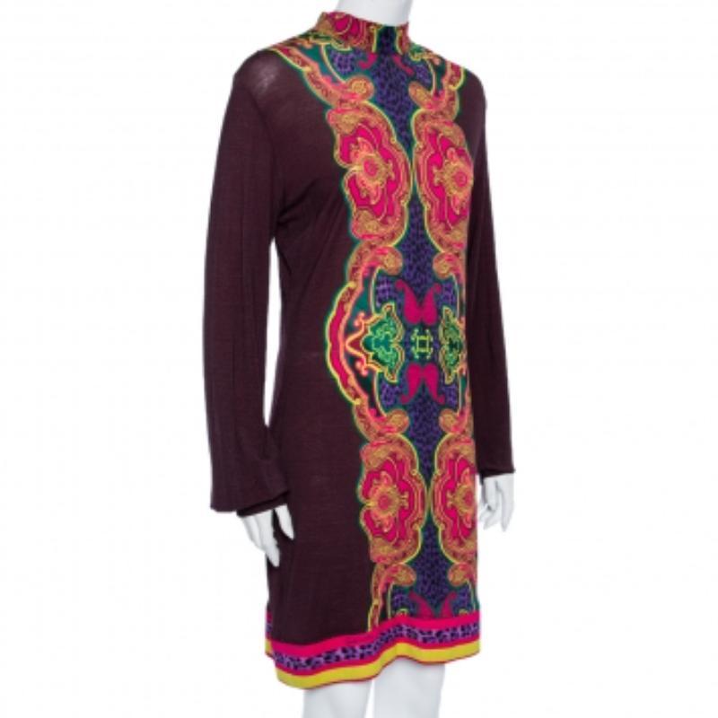 Just Cavalli Braunes bedrucktes Woll-Strick-Shiftkleid L im Zustand „Gut“ in Dubai, Al Qouz 2