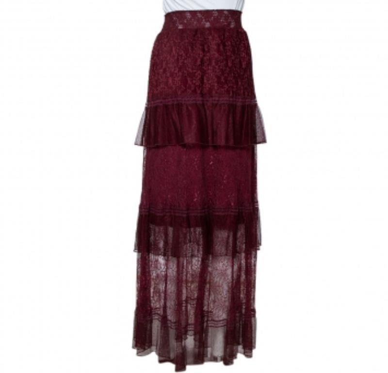 Black Just Cavalli Burgundy Lace Tiered Paneled Maxi Skirt M For Sale