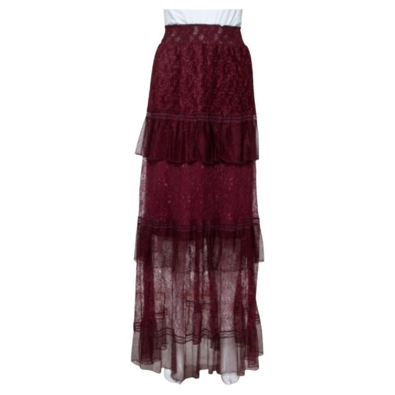 Just Cavalli Burgundy Lace Tiered Paneled Maxi Skirt M For Sale