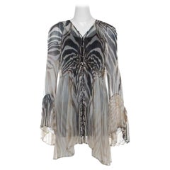 Just Cavalli Cream and Grey Tiger Printed Silk Tie Front Sheer Dress L