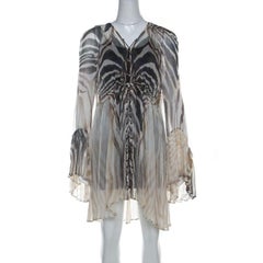 Just Cavalli Cream and Grey Tiger Printed Silk Tie Front Sheer Dress L 