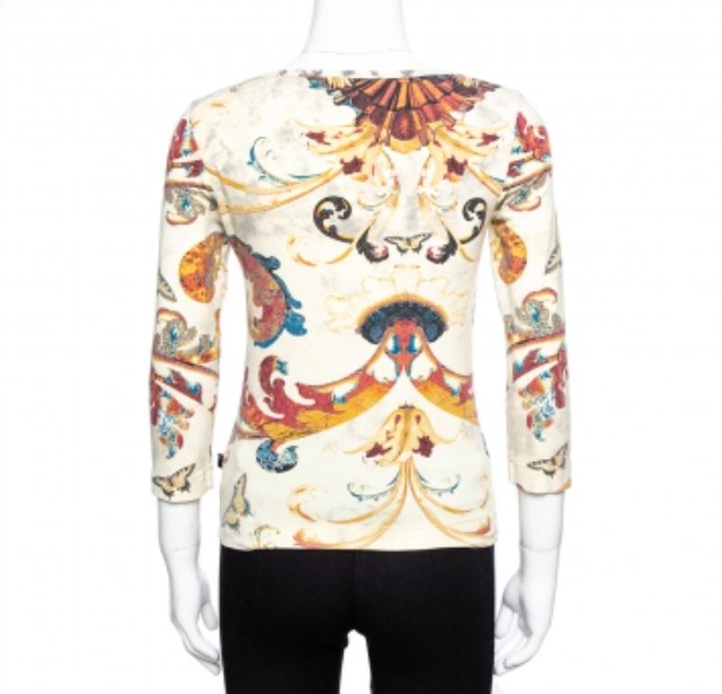 Beige Just Cavalli Cream Butterfly Print Jersey Long Sleeves Top S For Sale