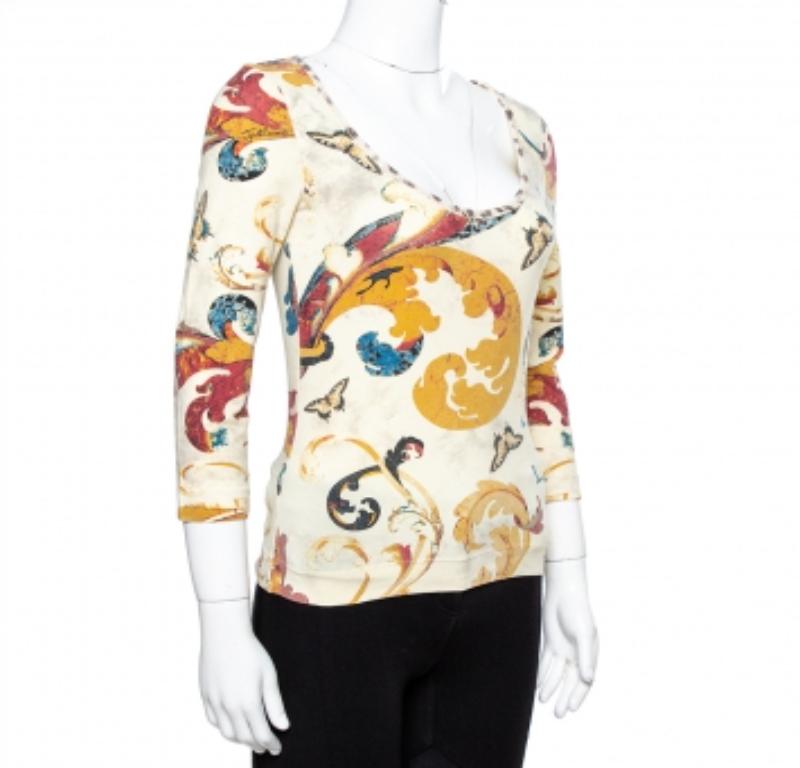Just Cavalli Cream Butterfly Print Jersey Long Sleeves Top S In Good Condition For Sale In Dubai, Al Qouz 2