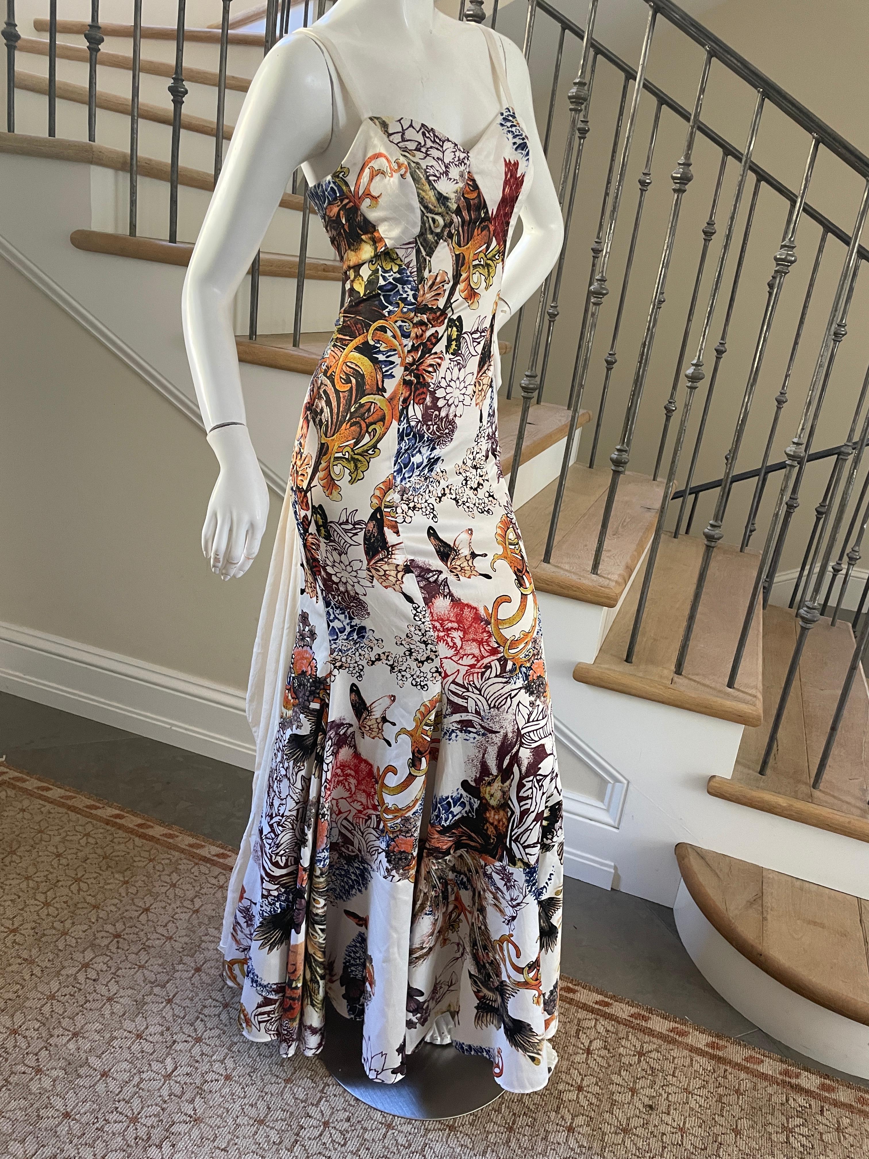 Just Cavalli Floral and Butterfly Print Dress with Chiffon Flounce Back by Roberto Cavalli
 This is so pretty, looks better on live model.
Size 42
 Bust 35