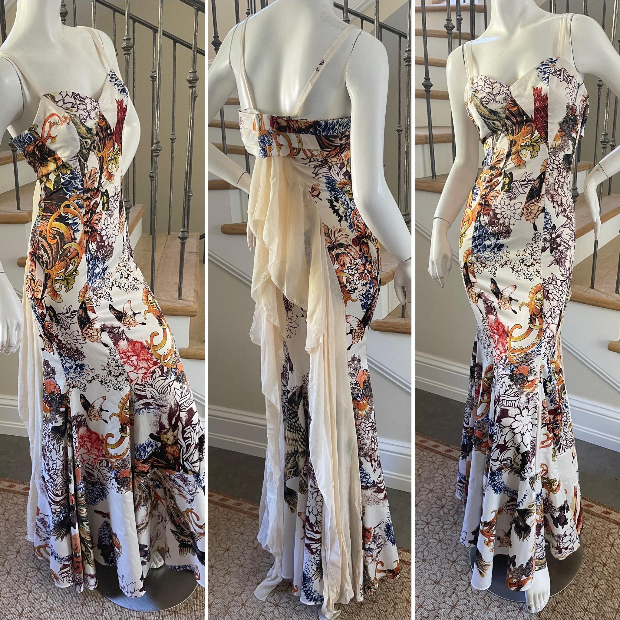 Gray Just Cavalli Floral Print Dress w Chiffon Flounce Back by Roberto Cavalli For Sale