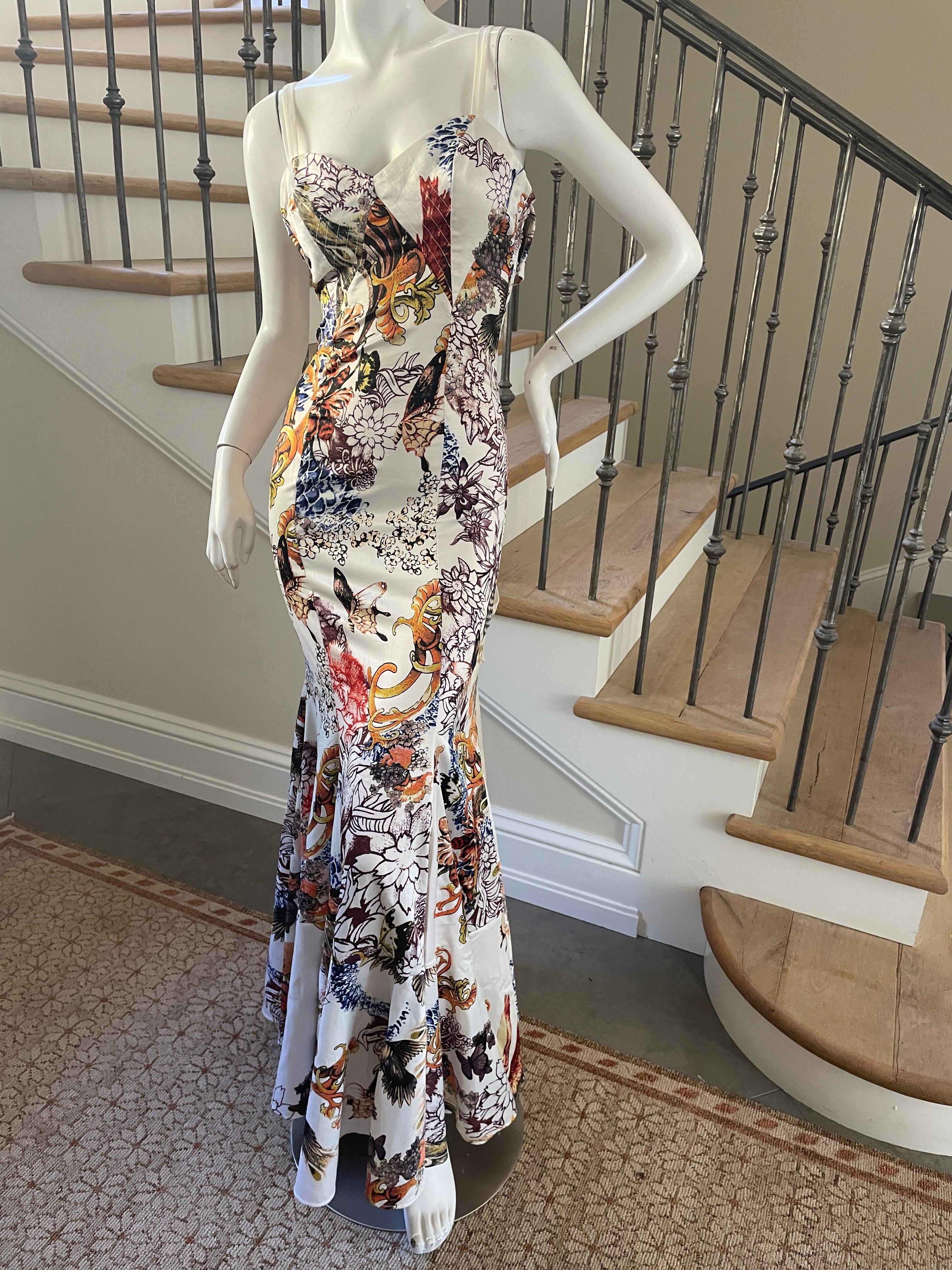 Just Cavalli Floral Print Dress w Chiffon Flounce Back by Roberto Cavalli In Excellent Condition For Sale In Cloverdale, CA