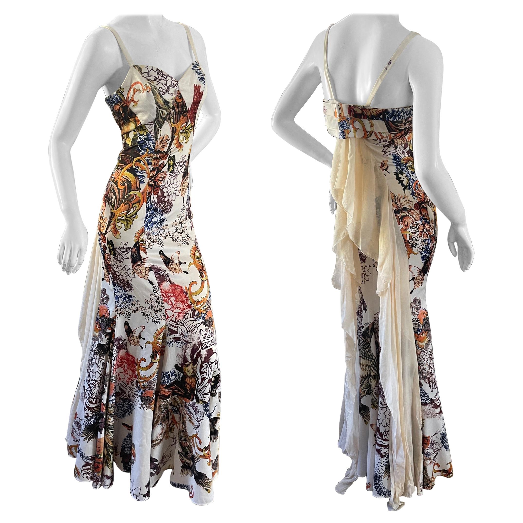 Just Cavalli Floral Print Dress w Chiffon Flounce Back by Roberto Cavalli For Sale