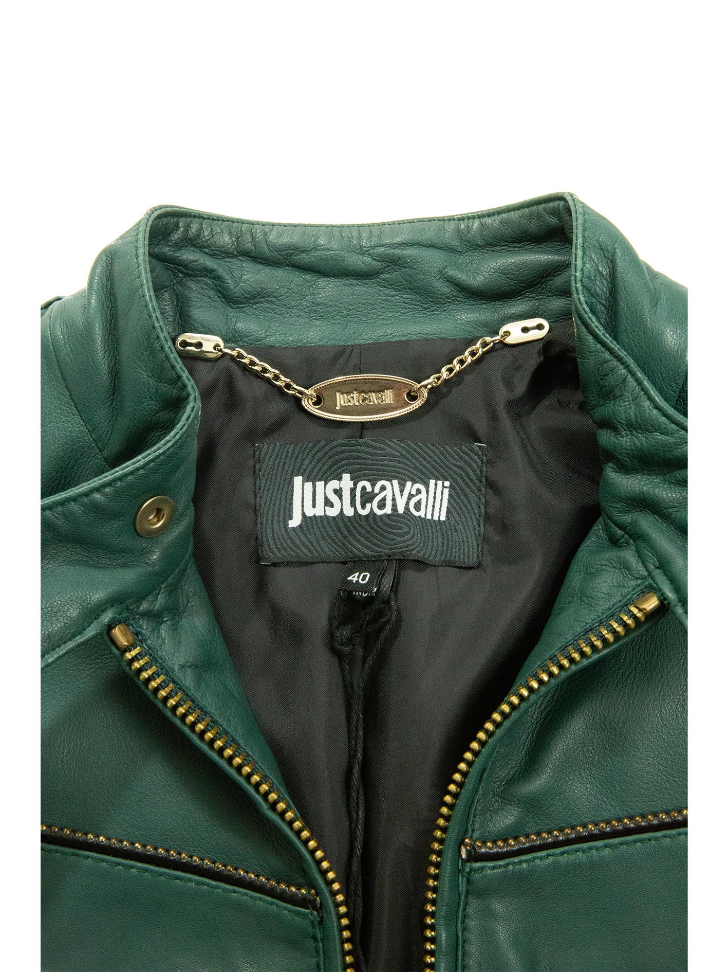 Gray Just Cavalli Forest Green Leather Biker Jacket
