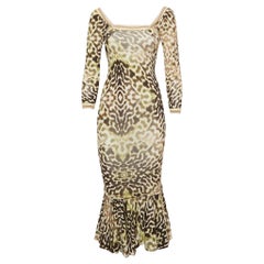 Just Cavalli Vestido midi con volante de punto y estampado animal verde S