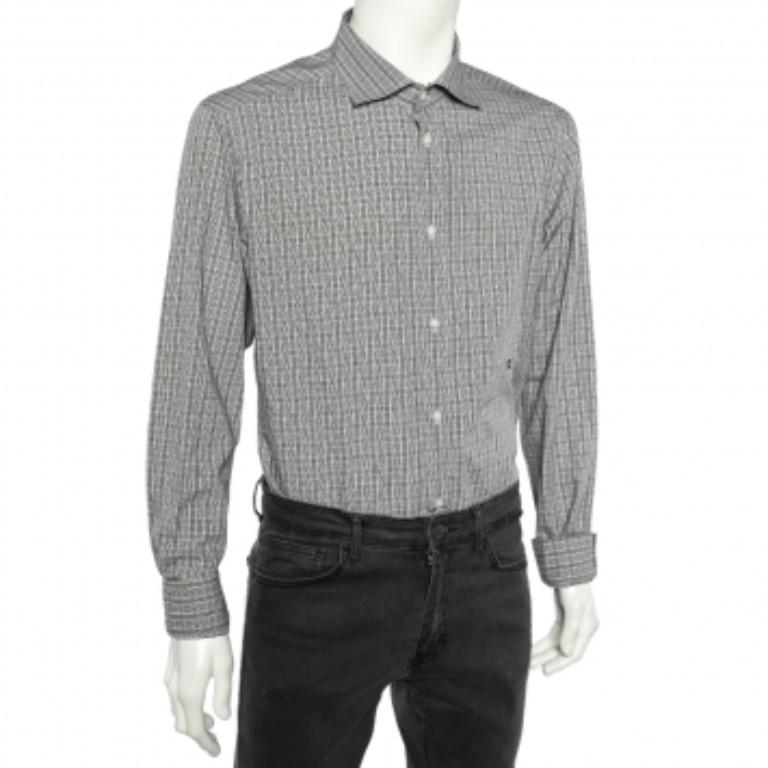Just Cavalli Camisa gris a cuadros de algodón con botones 3XL en Bueno estado para la venta en Dubai, Al Qouz 2
