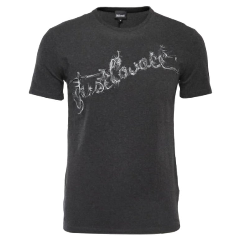 Just Cavalli - Maglietta a mezza manica in cotone con stampa del logo in grigio - M. T. I.