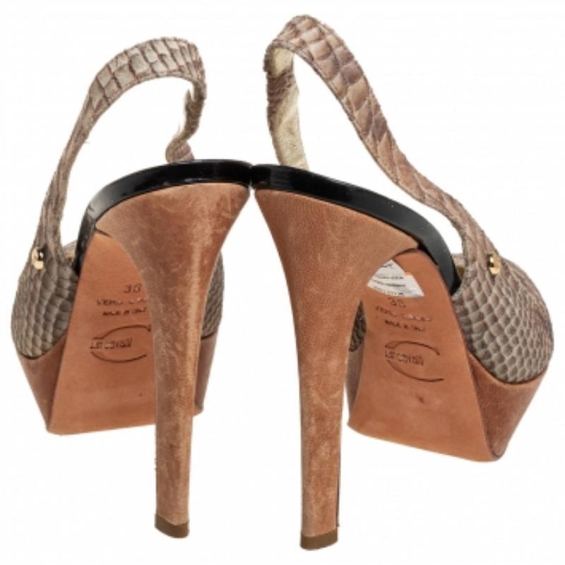 Brown Just Cavalli Grey Python Embossed Leather Slingback Platform Sandals Size 36 For Sale