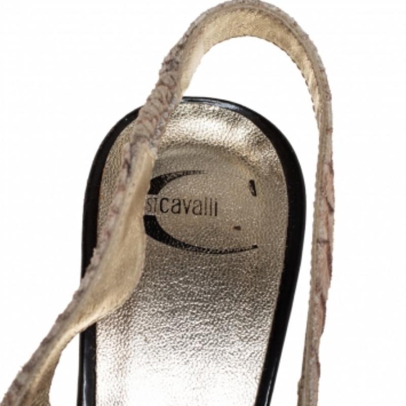 Women's Just Cavalli Grey Python Embossed Leather Slingback Platform Sandals Size 36 For Sale