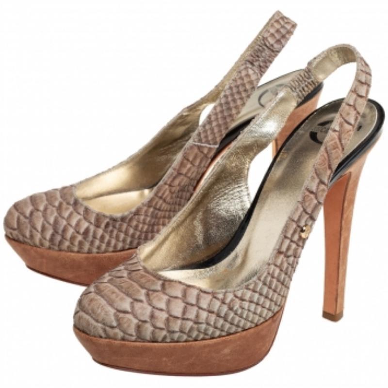 Just Cavalli Grey Python Embossed Leather Slingback Platform Sandals Size 36 For Sale 2