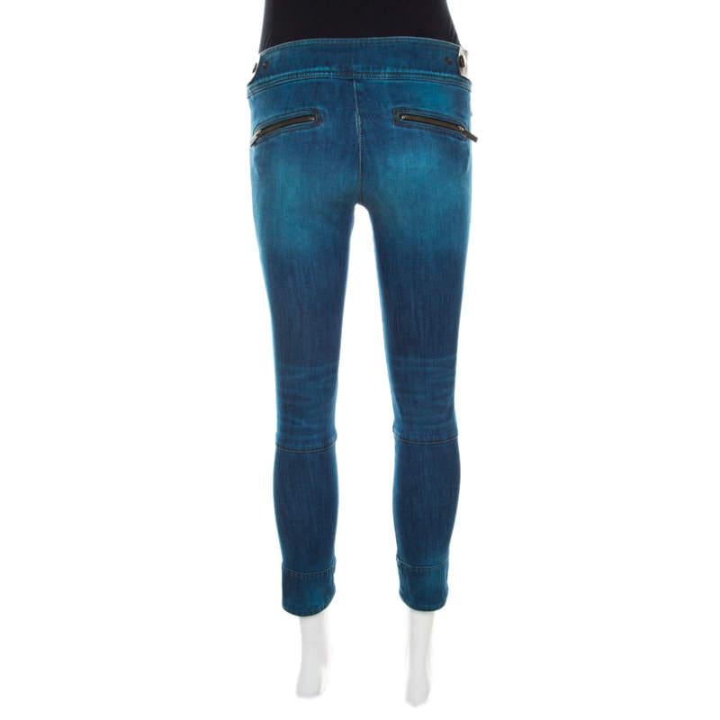 Just Cavalli Indigo Pigment Overdyed Denim Zipper Detail Tapered Jeans S In Good Condition For Sale In Dubai, Al Qouz 2