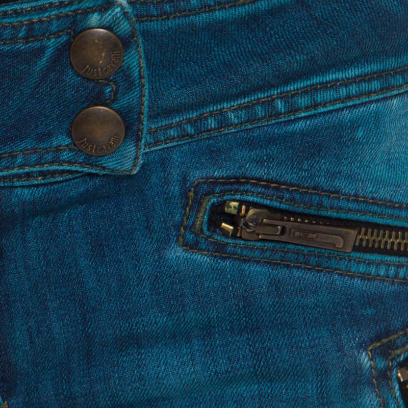 Women's Just Cavalli Indigo Pigment Overdyed Denim Zipper Detail Tapered Jeans S For Sale