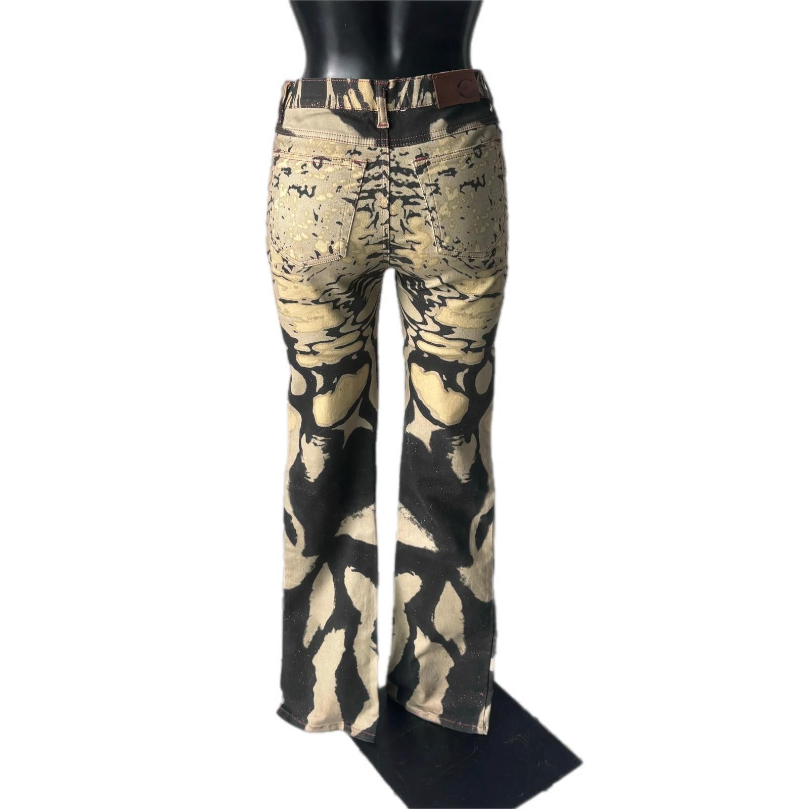 Black Just Cavalli beige and black animal print bootcut jeans, IT 42, 2000s For Sale