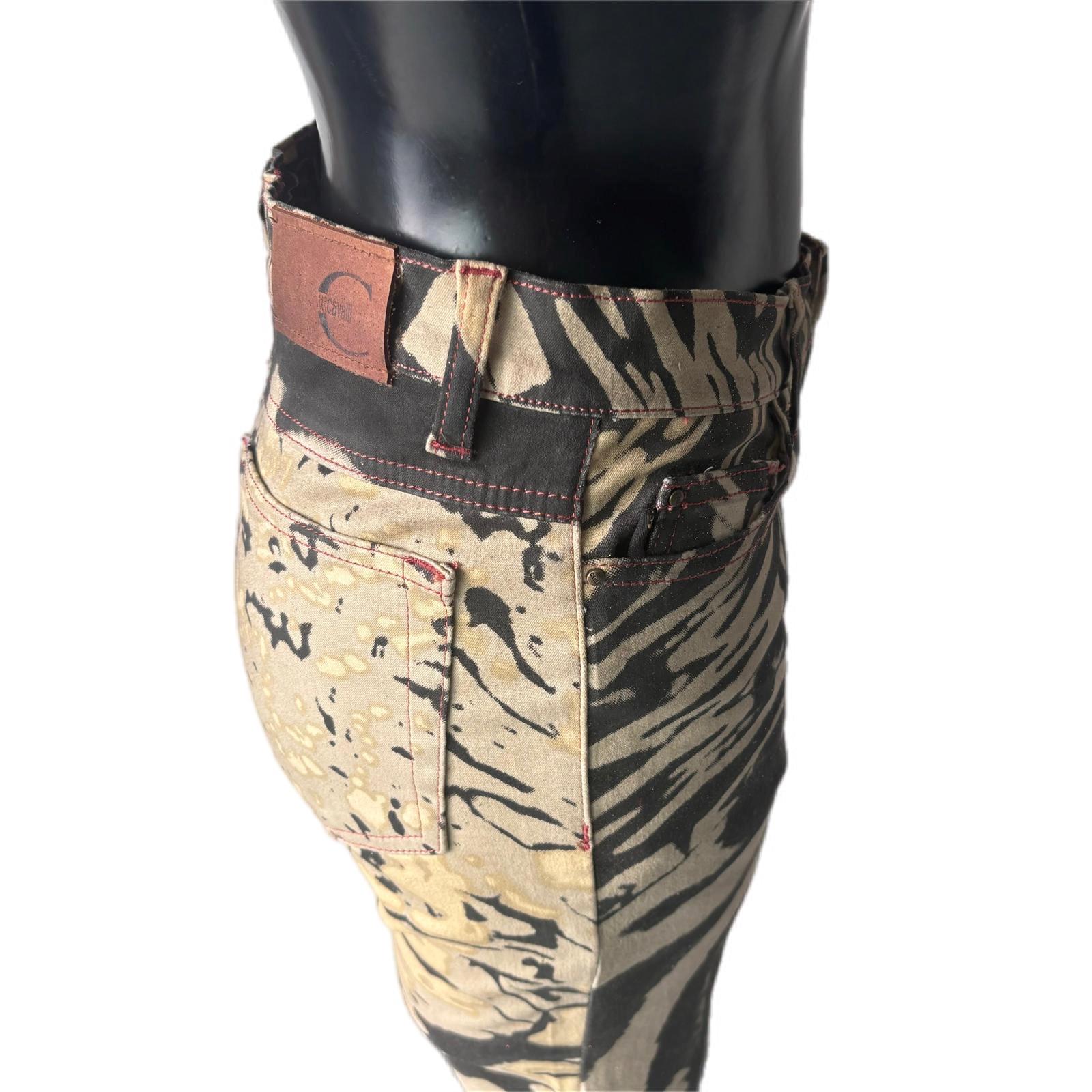Women's Just Cavalli beige and black animal print bootcut jeans, IT 42, 2000s For Sale