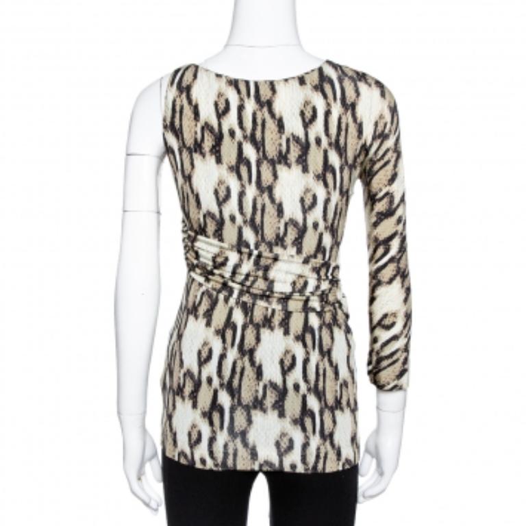 Gray Just Cavalli Khaki Snake Print Jersey Draped Asymmetrical Top M For Sale