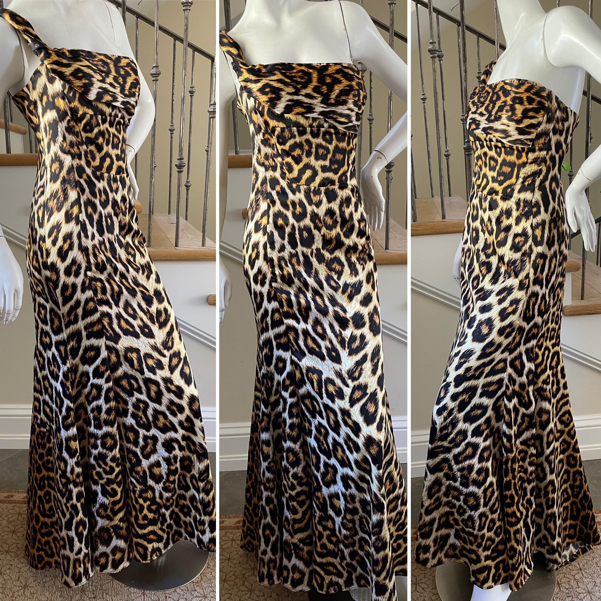 Just Cavalli Vintage Leopard Print One Shoulder Evening Dress by Roberto Cavalli 
 Size 42
 This is so pretty, looks better on live model.
Bust 32