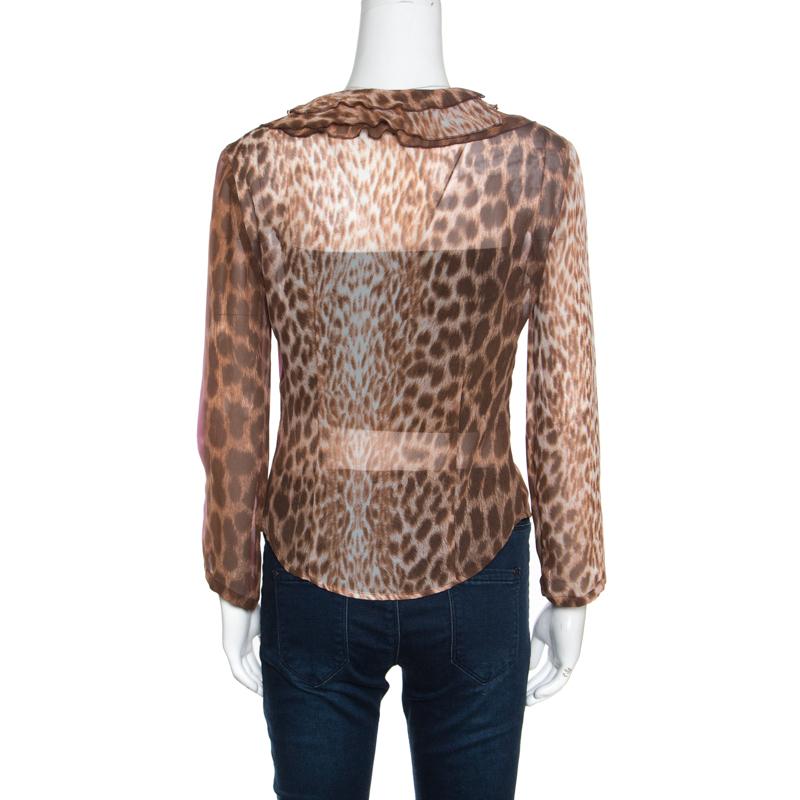 Brown Just Cavalli Leopard Printed Sheer Criss Cross Tie Up Detail Ruffled Blouse M