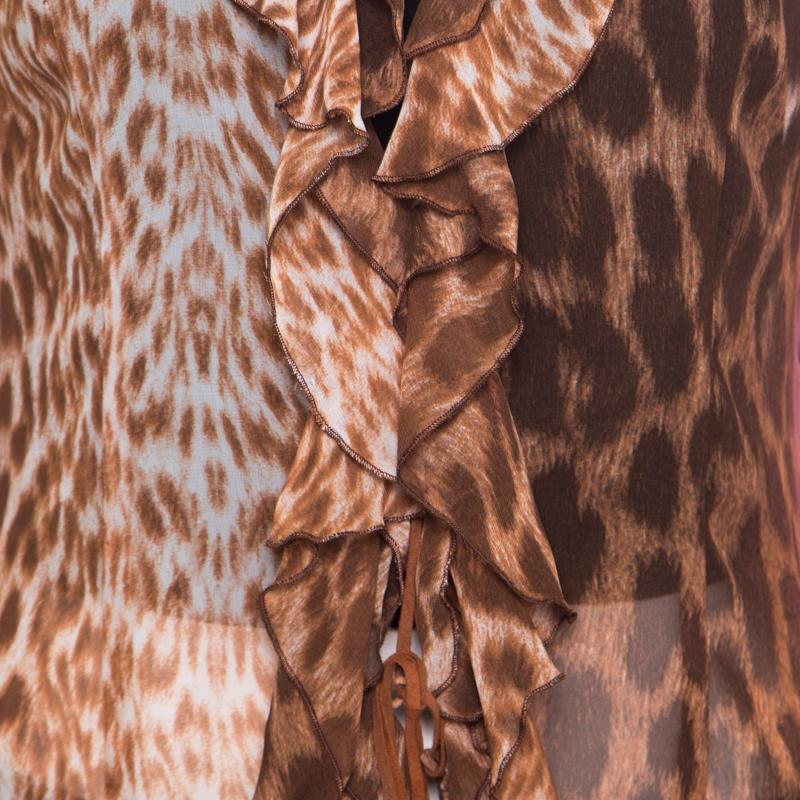 Just Cavalli Leopard Printed Sheer Criss Cross Tie Up Detail Ruffled Blouse M 1