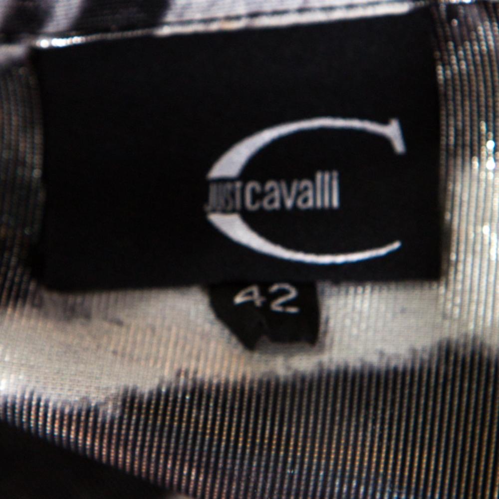 Just Cavalli Metallic Black and White Silk and Lurex Animal Print Shirt M 2