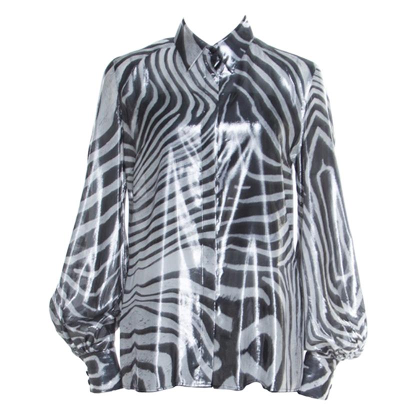 Just Cavalli Metallic Black and White Silk and Lurex Animal Print Shirt M