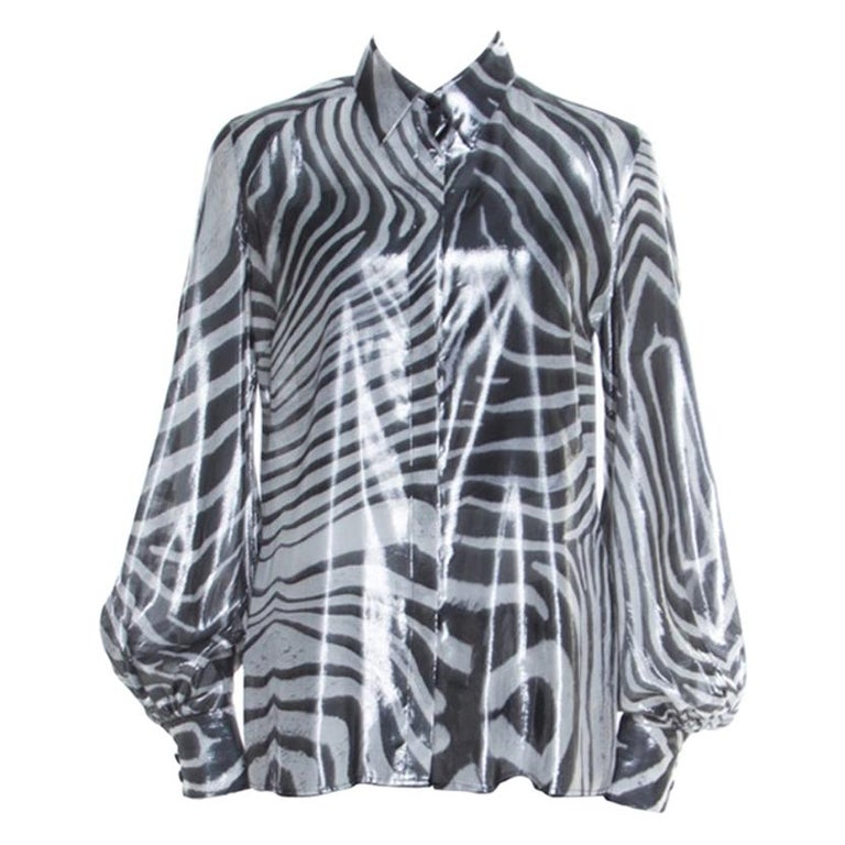 Just Cavalli Metallic Black and White Silk and Lurex Animal Print Shirt M  at 1stDibs