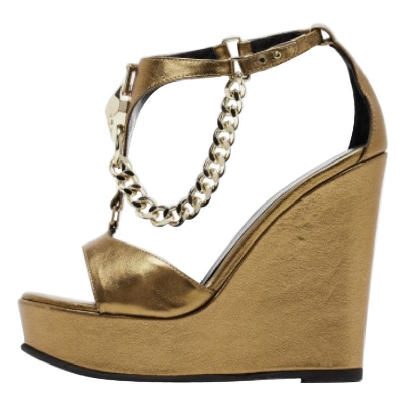 Just Cavalli Sandali con zeppa in pelle oro metallizzato taglia 38