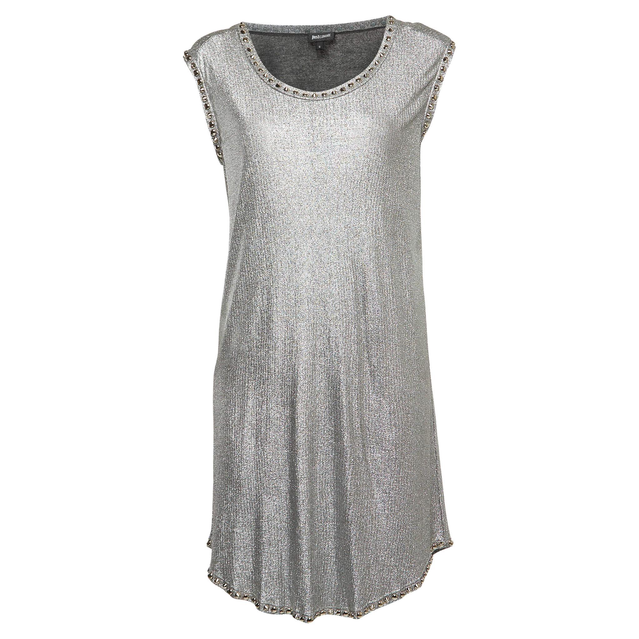 Just Cavalli Metallic Silver Lamé Jersey Metal Embellished Mini Dress S