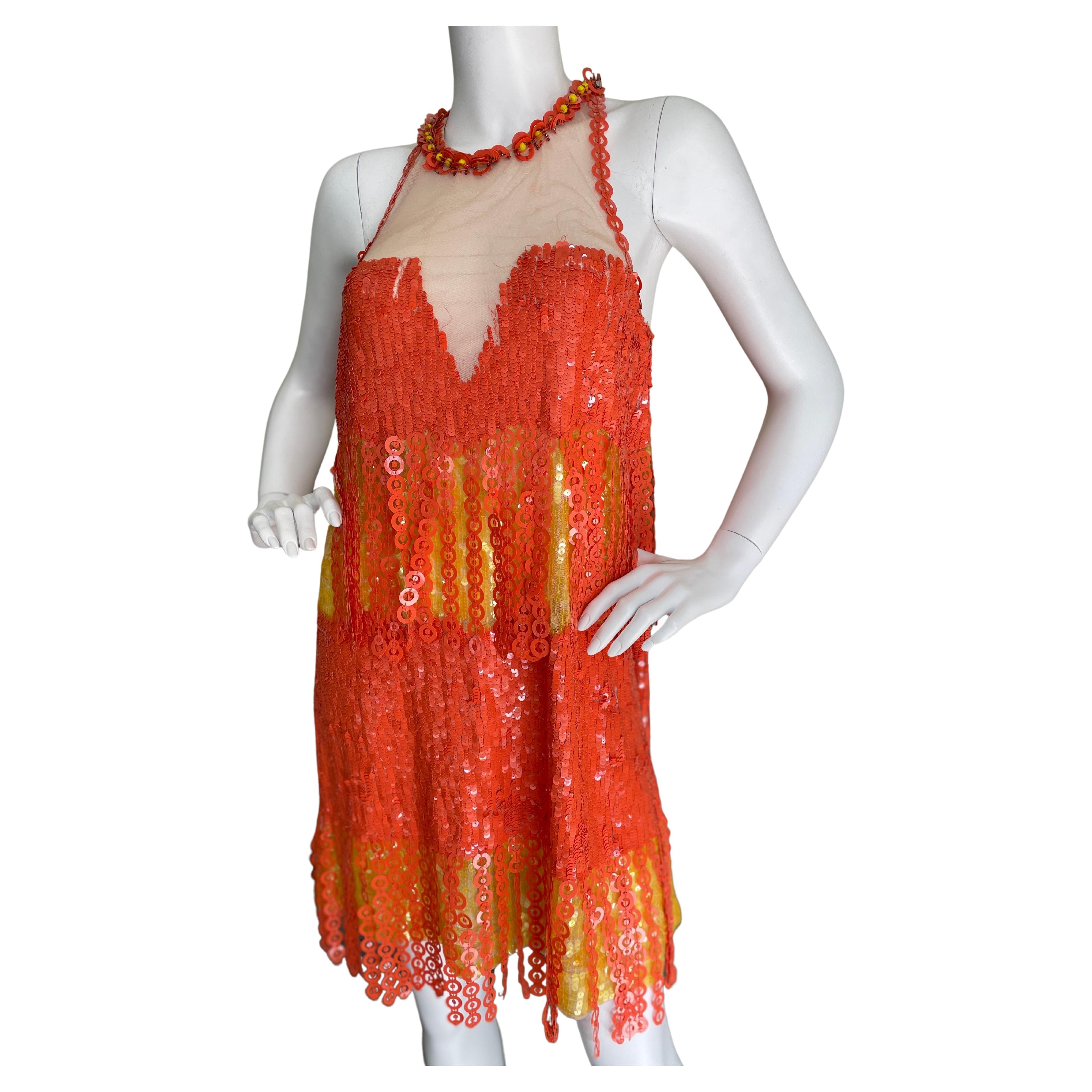 Just Cavalli Mod Orange Sequin Fringed Mini Dress by Roberto Cavalli  For Sale