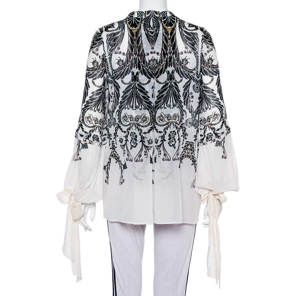 Gray Just Cavalli Monochrome Printed Silk Sleeve Tie Detail Top M