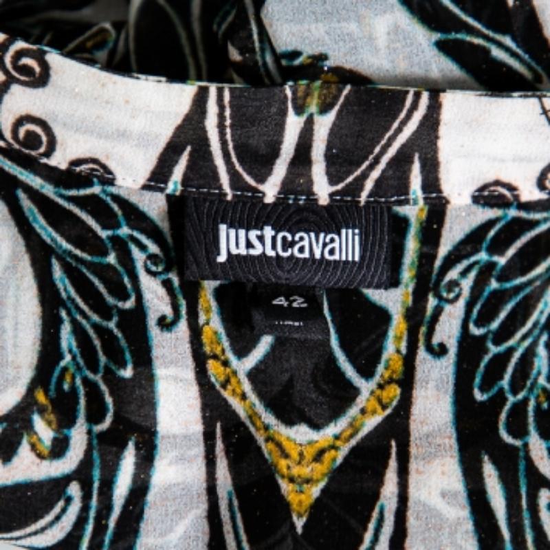 Gray Just Cavalli Monochrome Printed Silk Sleeve Tie Detail Top M For Sale