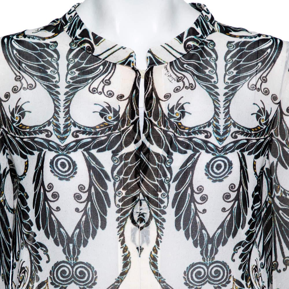 Just Cavalli Monochrome Printed Silk Sleeve Tie Detail Top M In Good Condition In Dubai, Al Qouz 2