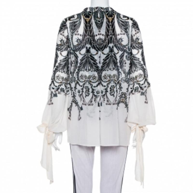 Women's Just Cavalli Monochrome Printed Silk Sleeve Tie Detail Top M For Sale