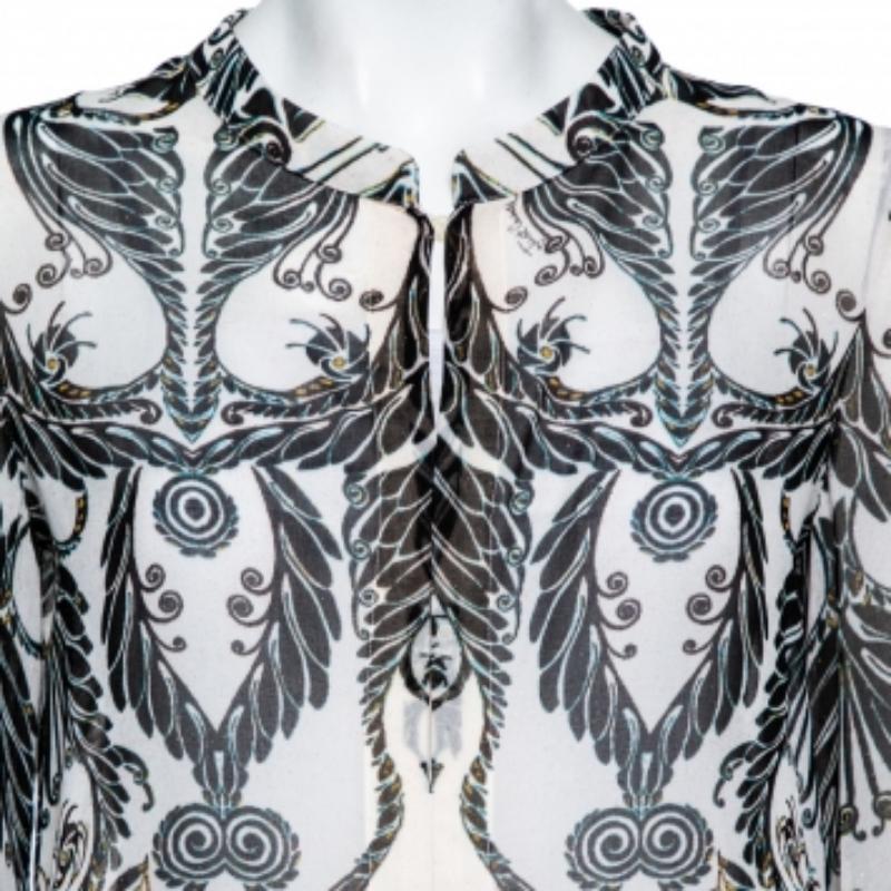 Just Cavalli Monochrome Printed Silk Sleeve Tie Detail Top M For Sale 1