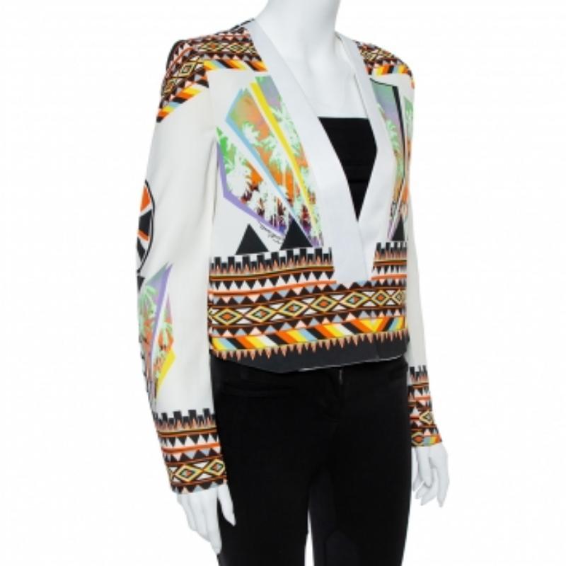 Gray Just Cavalli Multicolor Abstract Nylon Blend Print Crop Top Blazer S For Sale