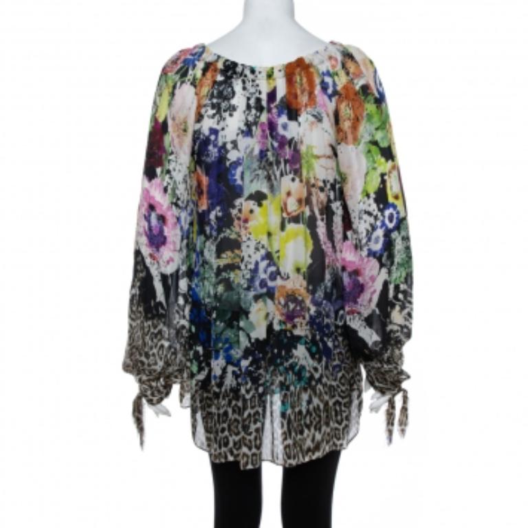 Just Cavalli Multicolor Floral & Animal Printed Silk Tunic M For Sale 2