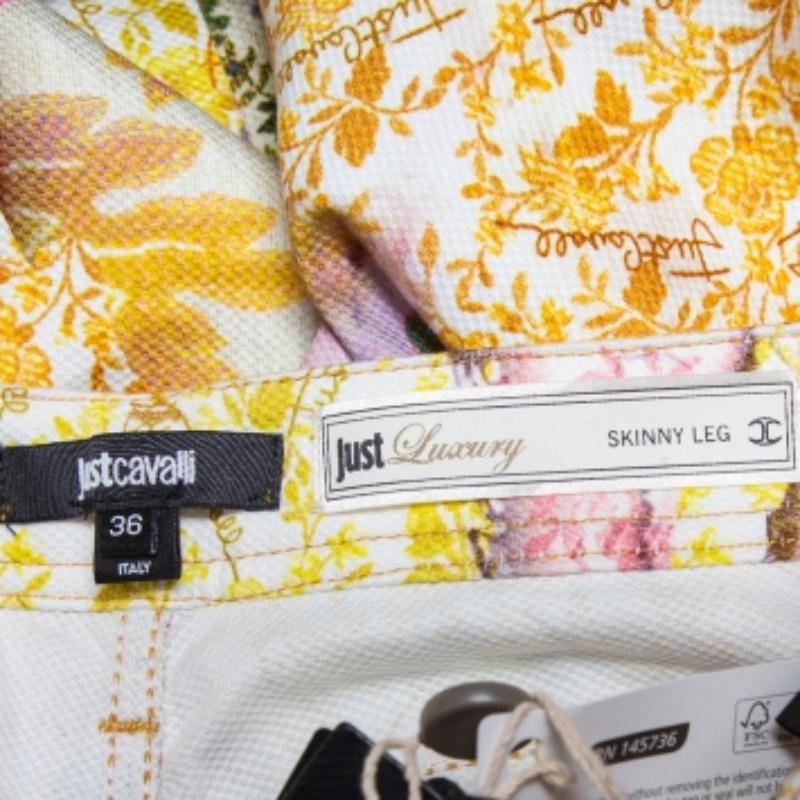 Beige Just Cavalli Multicolor Floral printed Cotton Skinny Leg Trousers XS For Sale