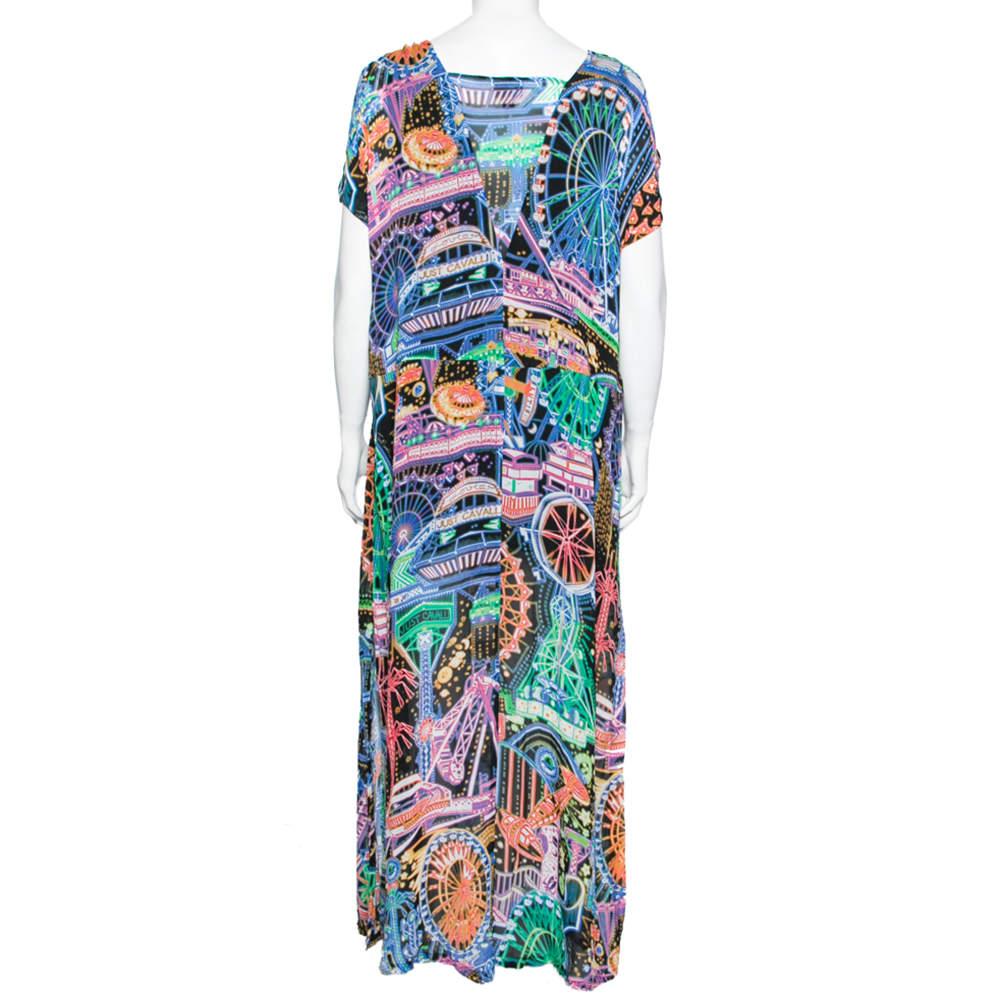 Gray Just Cavalli Multicolor Printed Chiffon Slide Slit Detailed Maxi Dress S