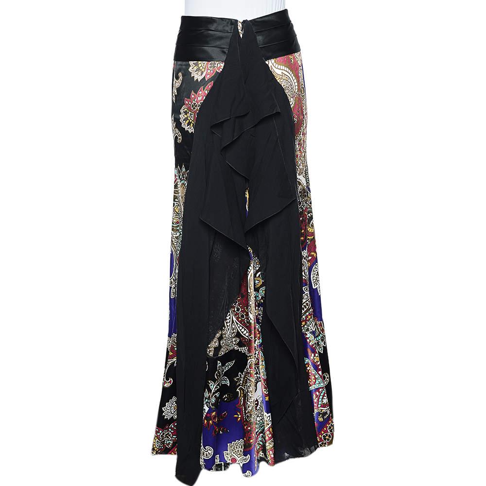 Black Just Cavalli Multicolor Printed Satin Ruffle Detail Maxi Skirt S