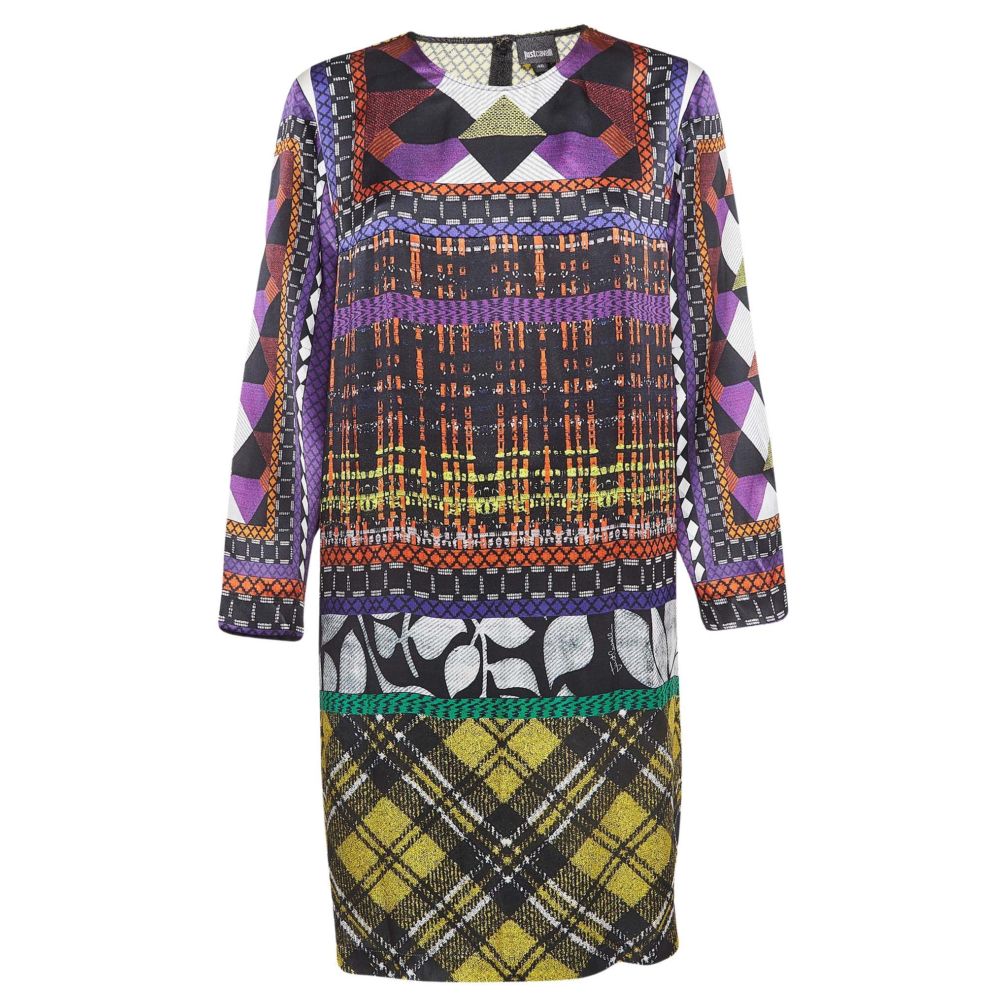 Just Cavalli Multicolor Printed Satin Silk Shift Dress L For Sale