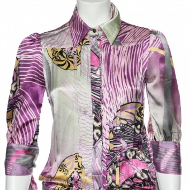Gris Just Cavalli - Robe en soie imprimée multicolore avec ceinture et ourlet à volants S en vente