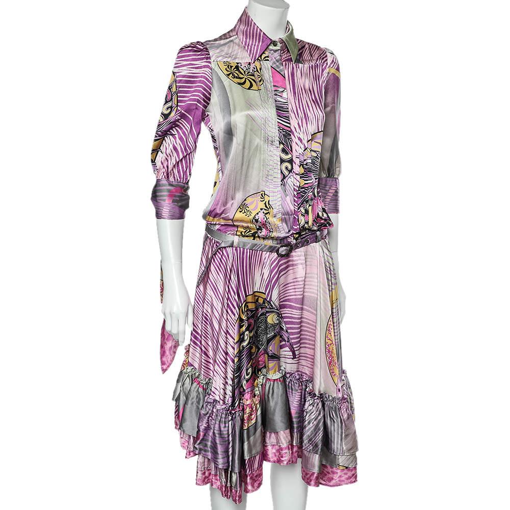 Just Cavalli Multicolor Printed Silk Belted Ruffled Hem Dress S In Good Condition For Sale In Dubai, Al Qouz 2