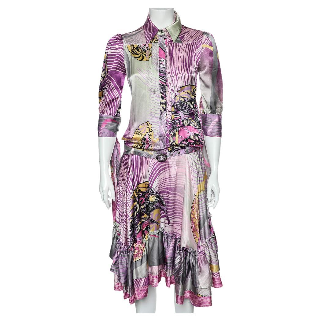 Just Cavalli Multicolor Printed Silk Belted Ruffled Hem Dress S For Sale