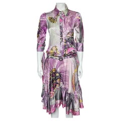 Just Cavalli Multicolor Printed Silk Belted Ruffled Hem Dress S