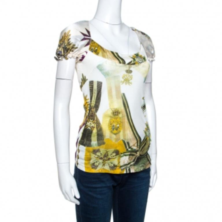 Just Cavalli Multicolor Printed Silk Neck Tie Detail Top M im Angebot 1