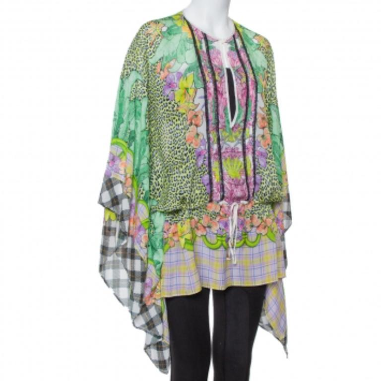 Gray Just Cavalli Multicolor Printed Silk Waist Tie Detail Kaftan Tunic M For Sale