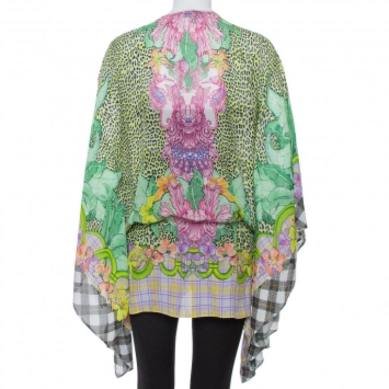 Just Cavalli Multicolor Printed Silk Waist Tie Detail Kaftan Tunic M In Good Condition For Sale In Dubai, Al Qouz 2